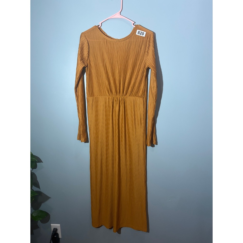 Mustard Yellow Plisse Long Sleeve Maxi Dress Textured Elastic Waist Ochre XL - Picture 1 of 3